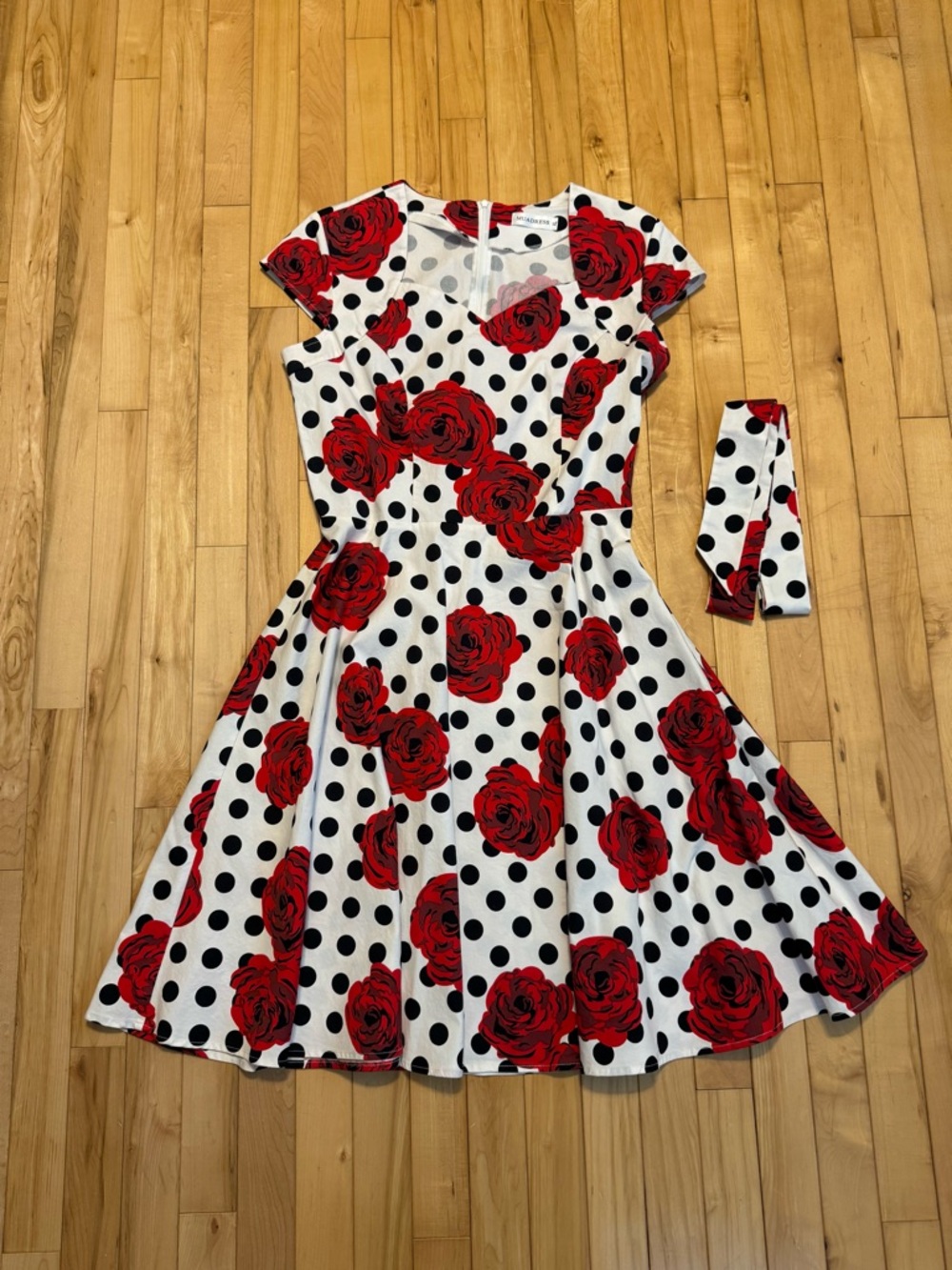 White Polka Dot Dress with Red Rose Print XL